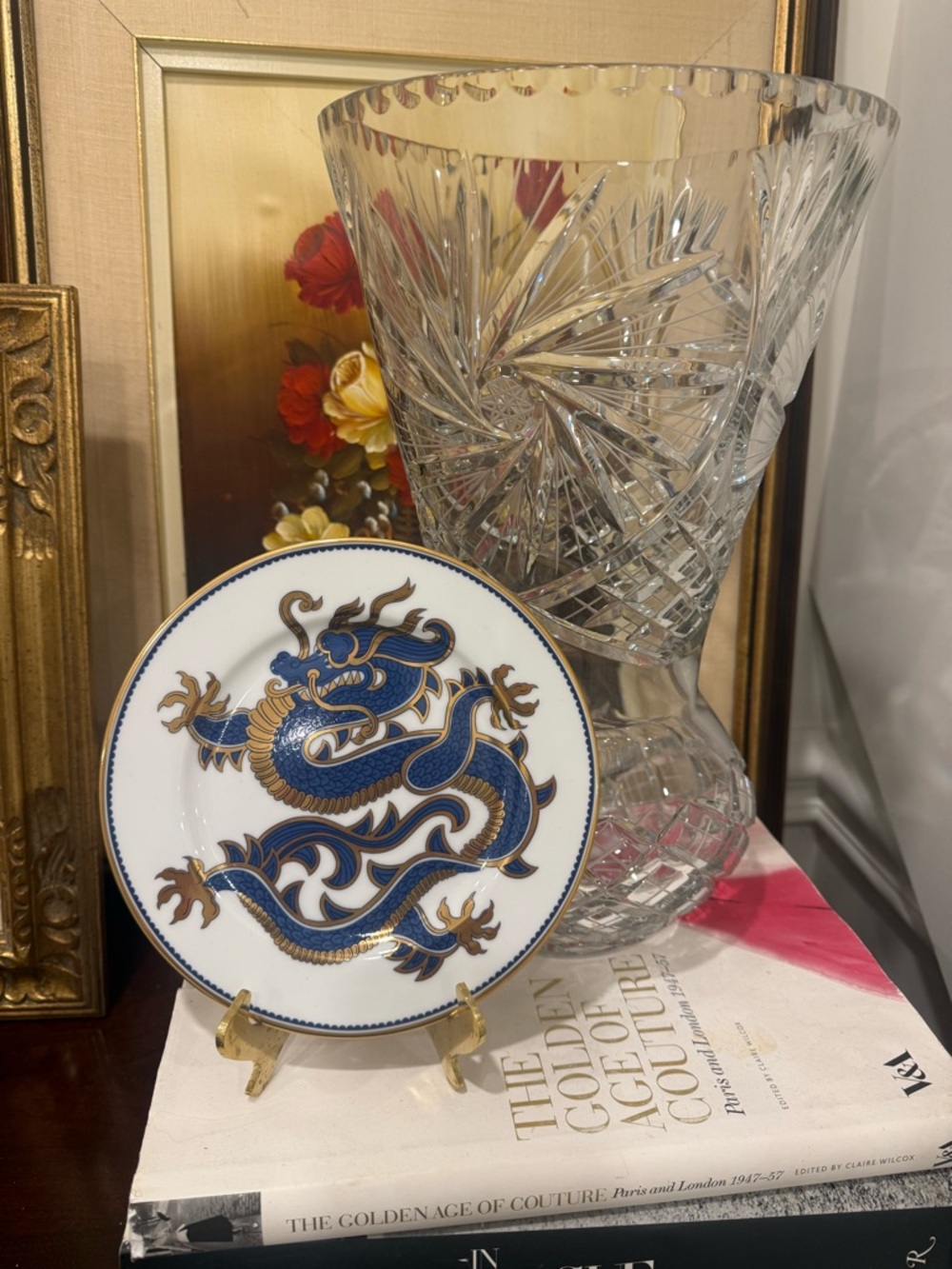 Fitz and Floyd decorative plate featuring a blue and gold dragon.